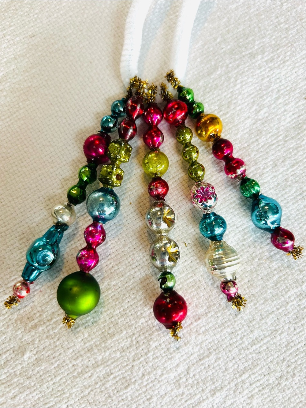 Mini Vintage Repurposed  holiday Christmas ornaments, mercury Glass bead icicle